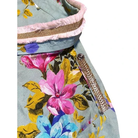 Aratta Silent Journey Floral Button Down Sage Green Tunic Fringe Boho Top Large - Picture 8 of 10